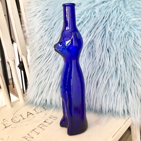 Happy Cat, Cobalt Blue, 2007, Glass, Wine Bottle, 13" Tall, Nice Condition - Picture 2 of 9